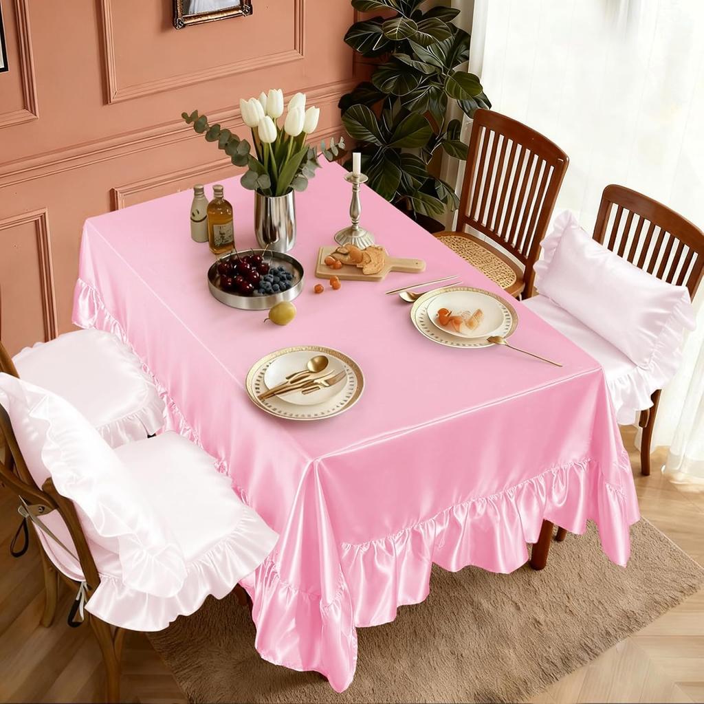 Gold Satin Tablecloth Rectangle Ruffled Table Cover,Ruffle Table Skirt for Kitchen Dining Weddings Dining Table Home Decoration