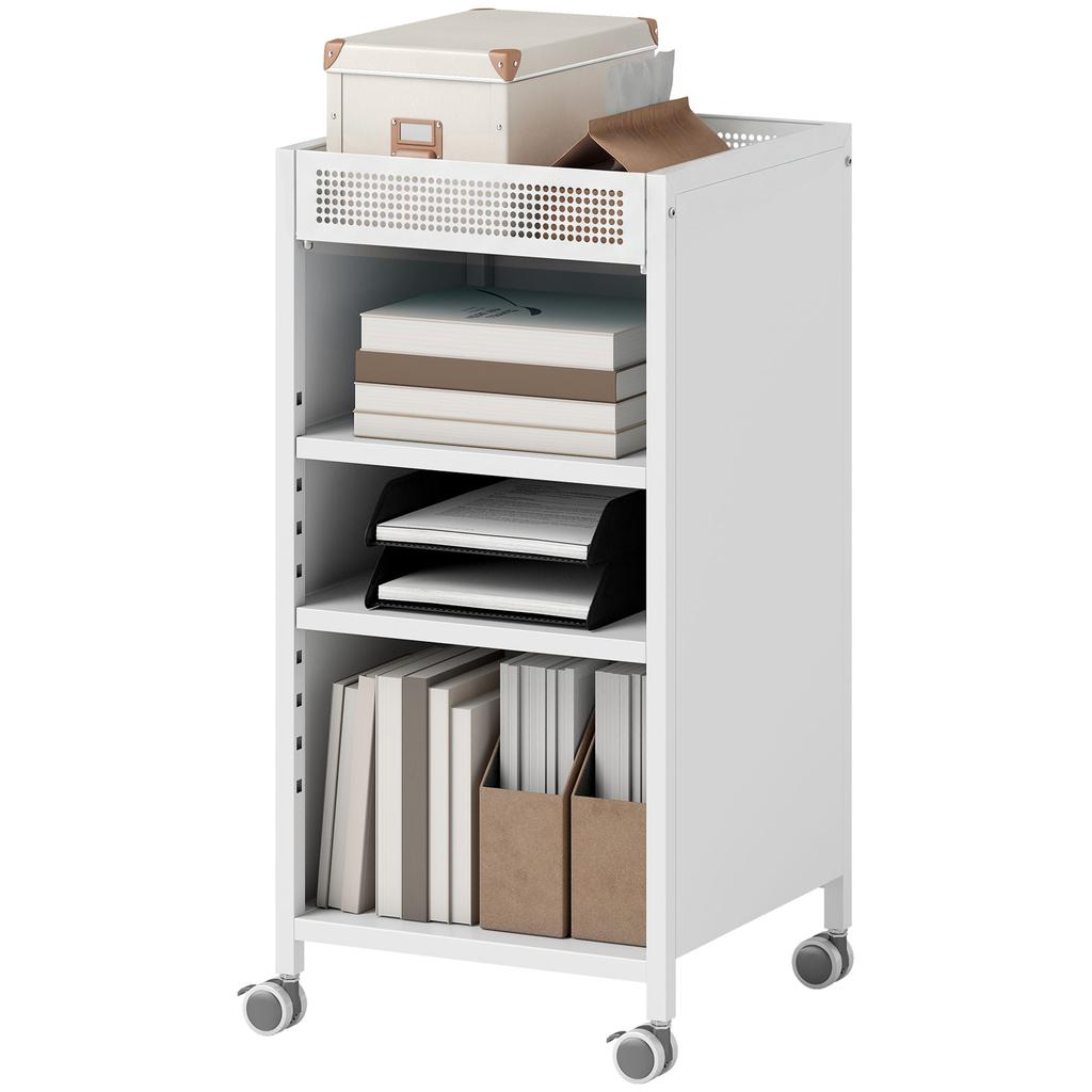 Mobile Bookshelf with Adjustable Shelves, 3-Tier Rolling Cart with Top Basket, White