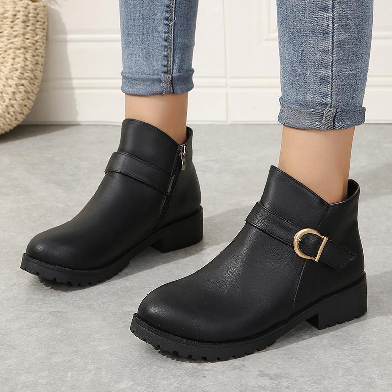 Ladies Shoes On Sale  New Western Boots Female Round Toe Solid Color Ankle Boots PU Fall Boots Women's Ankle Boots Plus Size