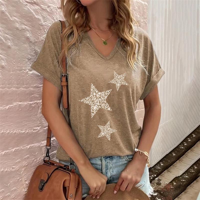 Fashion V-neck Women's T-Shirts Funny Five-Pointed Star Printed T Shirt For Women Summer Hot Sale Short Sleeve Casual Loose Tops