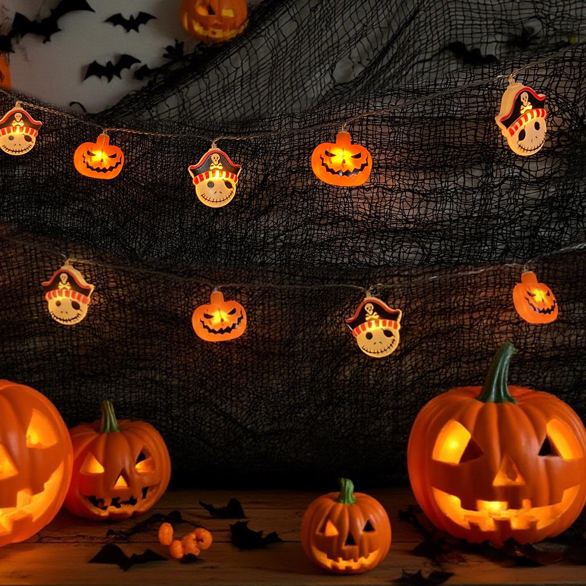 

1PC 20/30 LED Halloween Pirate & Pumpkin String Lights Battery Powered For Home Bedroom Living Room Porch Holiday Decoration 1.5M10LED