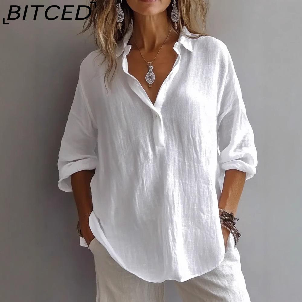 

BITCED Women s Summer Solid Colour Casual Oversized Long-Sleeved Blouse S білий