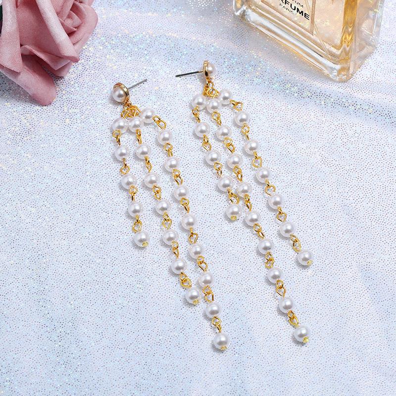 Retro personality pearl long stud earrings female versatile simple Internet celebrity temperament earrings fashion trendy earrings