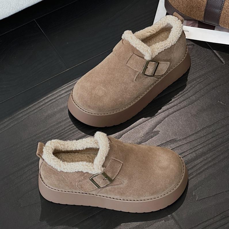 Leather retro women's autumn and winter models, leather velvet thickened warm fluffy shoes, platform casual cotton shoes