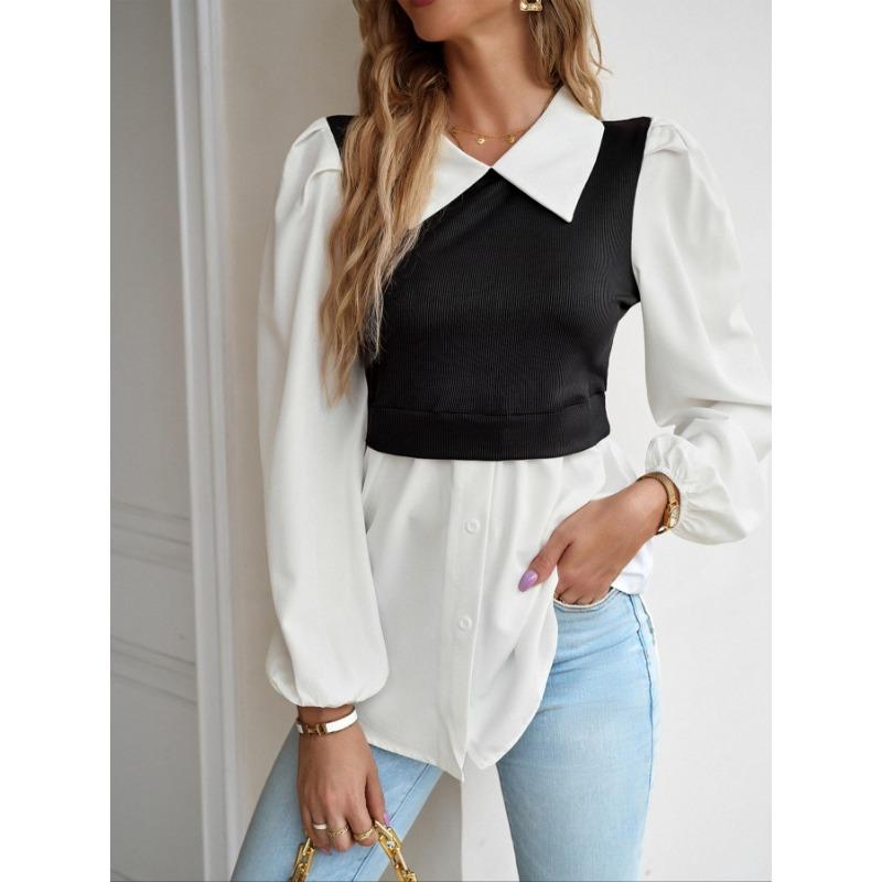 Women's Blouse Bubble Sleeve Temperament Casual Colorblocking Blouse