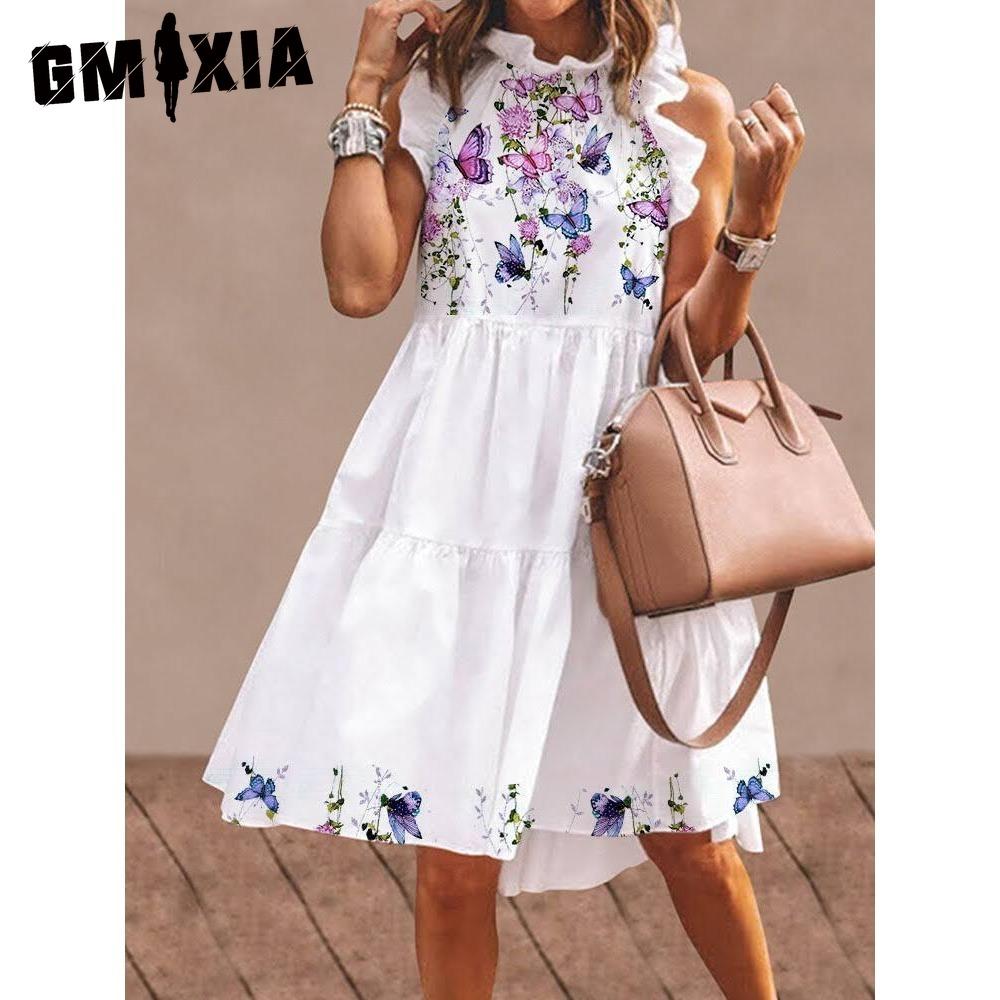 

GMXIA Женское платье с цветочным принтом, свободное уличное платье длиной до колена без рукавов с оборками, вечернее платье S-3XL XXXXXL