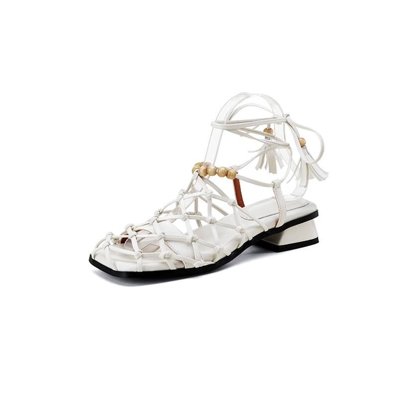 

Krazing Pot Sheepskin Summer Size 40 Ankle Lace Up Low Thick Heels Bohemian Style Women Peep Toe Sandals 34 слонова кістка