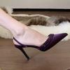 2025 Autumn New Pointed Purple Thin Heel High Heel Light Mouth Rhinestone One Word with Satin Sandals Half Drag Sandals Women
