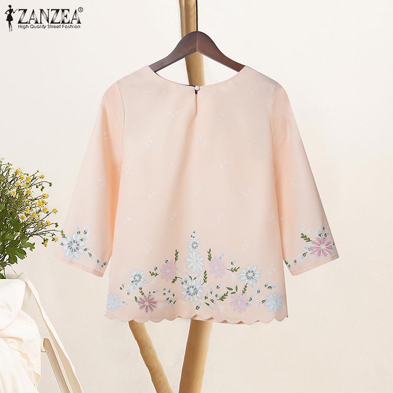 ZANZEA Kvinner Casual Rund Hals 3/4 Erme Løs Trykk Bluse