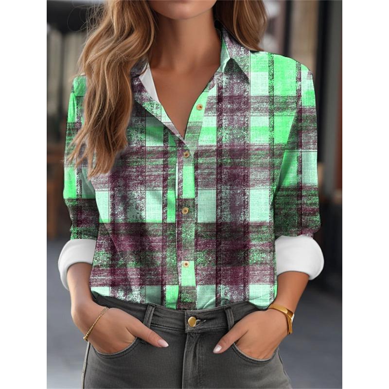 Fashion Multicolour Geometric Splicing Pattern 3D Print Women's Long Sleeves Shirt Autumn Women's Holiday Shirt Women's Clothing