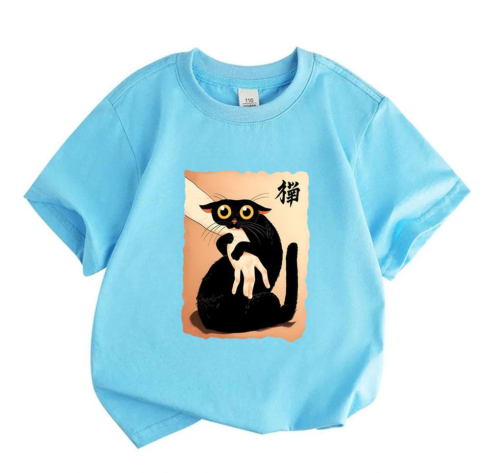 Kids Boys Girls 100% Cotton Crew Neck Short Sleeve T-Shirt, Cute Black Cat Holding Hand Cartoon Print Casual Soft Breathable Tees for Daily Wear