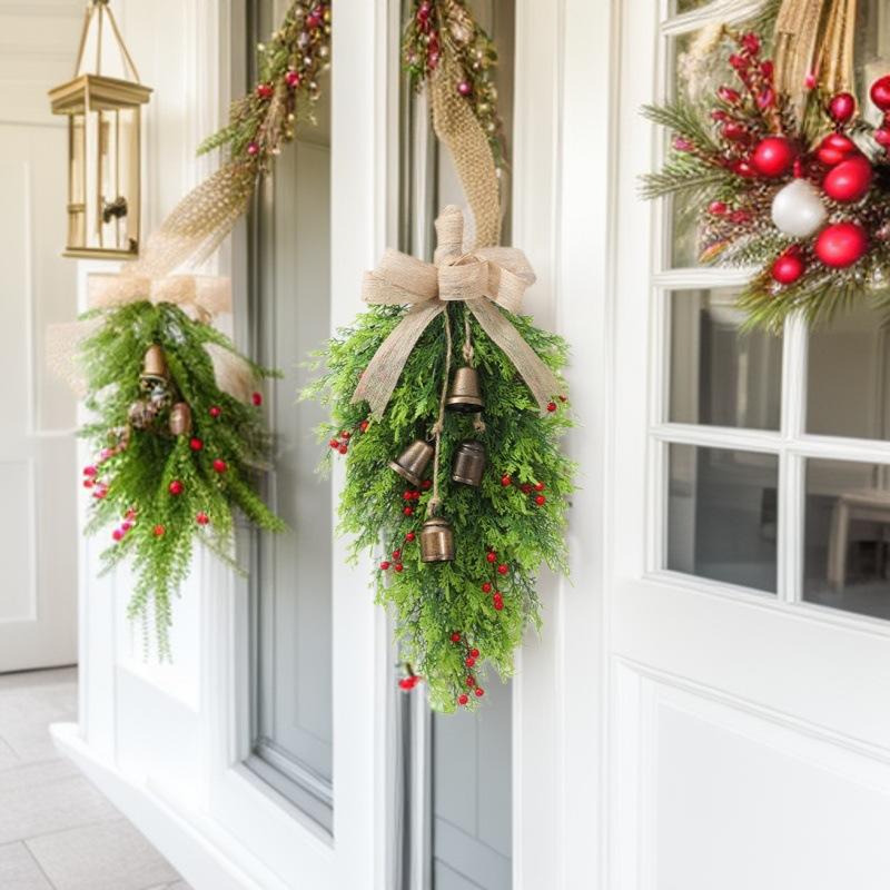 23.6 Inch Christmas Teardrop Swag, Artificial Cedar Teardrop Wreath With Bright Red Berries And Shining Golden Bells, Christmas Galand Swags For Front