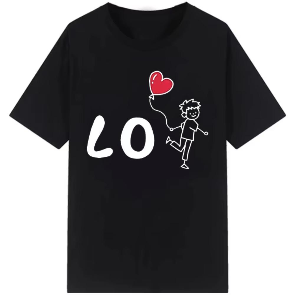 Schwarz-Weißes Lässiges Kurzarm-T-Shirt mit Rundhalsausschnitt und Cartoon-Charakter-Design für Paare auf Paarreise