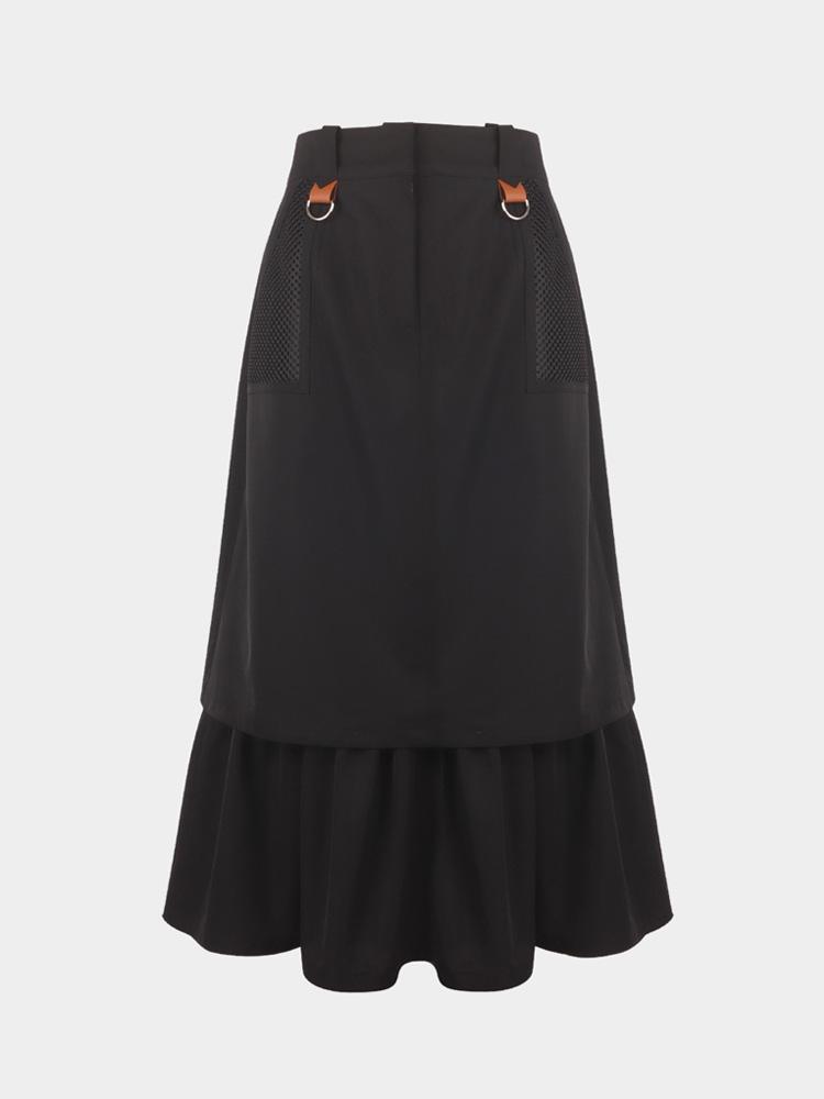 L By L Cone Black Frill Mesh Long Skirt