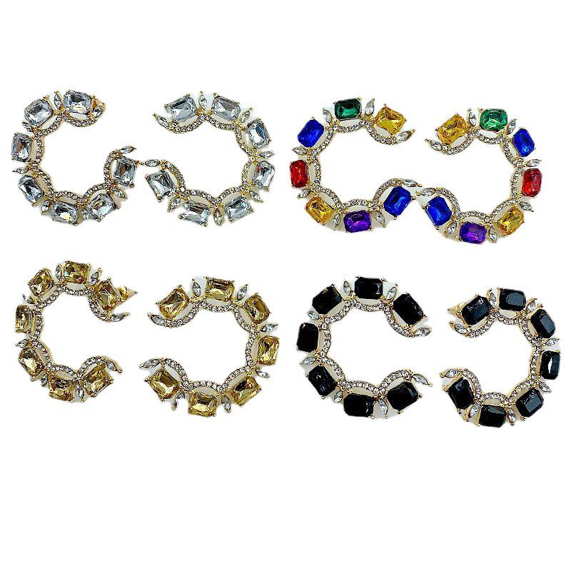 Women's Fashionable Exaggerated C-Shaped Metal Earrings with Color Gems and Rhinestones