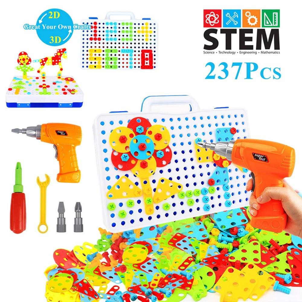STEM Educational Interactive Toy, 237 Pcs ABS Building Blocks Set with Electric Drill for 2D/3D Engineering Construction, Portable Storage Case