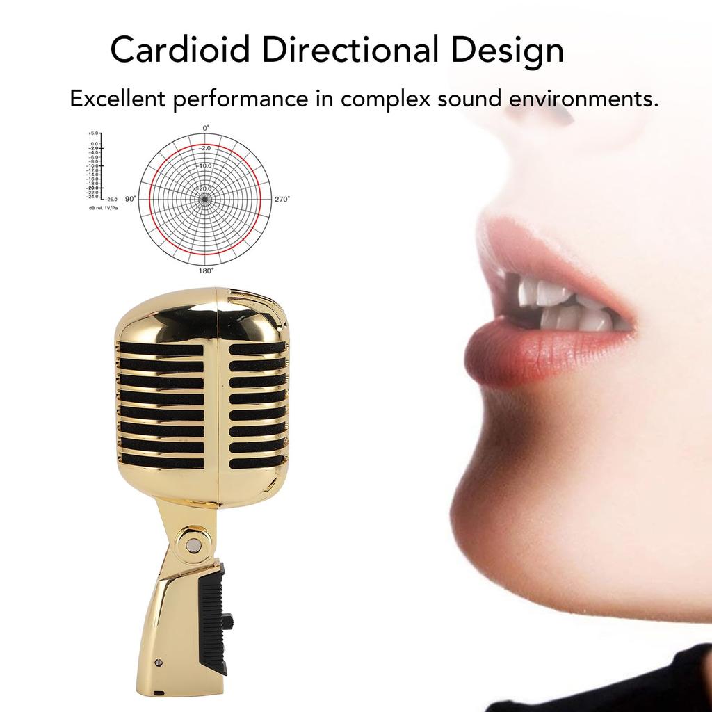 Classic Retro Dynamic Vocal Microphone, Old Vintage Style Cardioid Directional Microphone with Self-Tensioning Rotating Rack for Live Performance and
