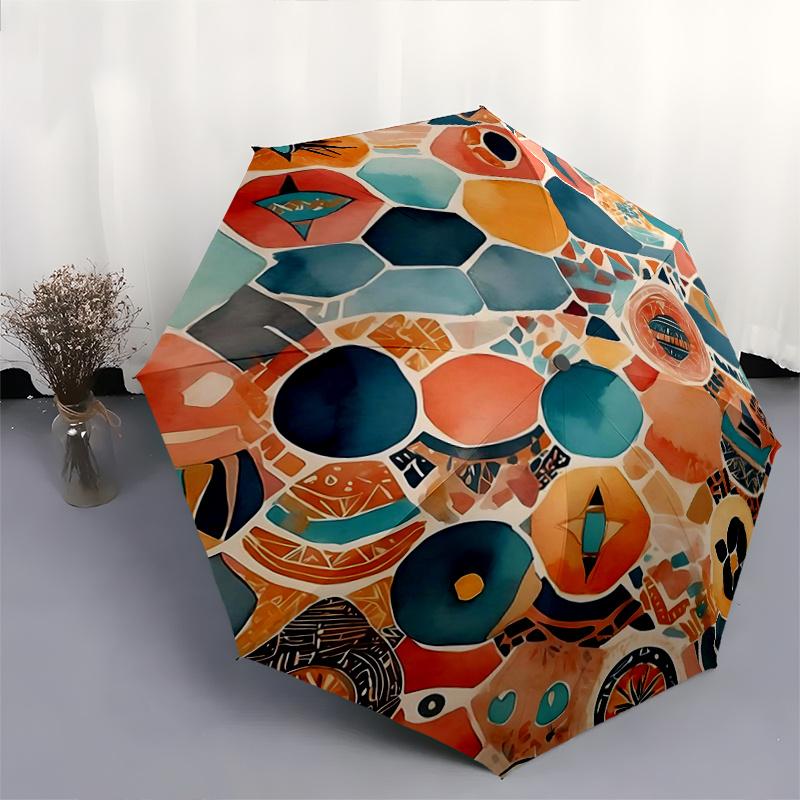 1pc Abstract Watercolor Mosaic Durable Cartoon Folding Umbrella, Portable 3-Fold Compact Umbrella for Men and Women, Suitable for Travel or Daily Use.