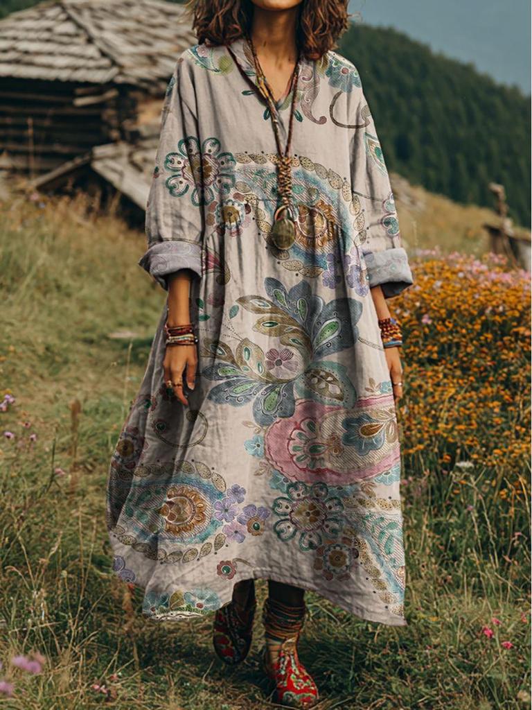Retro Böhmisches V-Ausschnitt Ethnisches Stil Kleid - Europäischer & Amerikanischer Lässiger Lockerer Schnitt