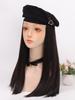 Beret Hair Extensions, Long Straight Synthetic Black Wig Extensions, Suitable for Women's Daily Wear
