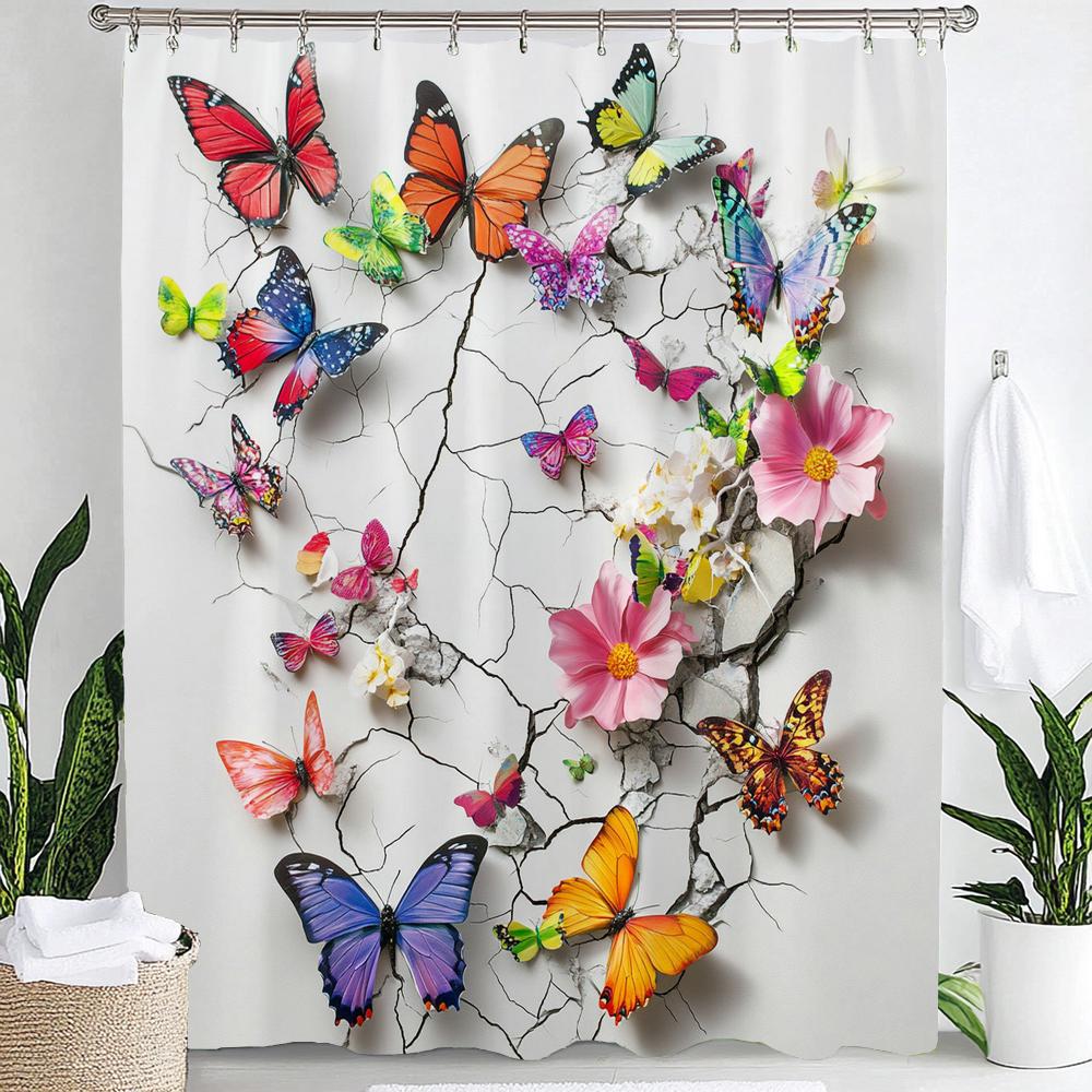 

1Pc Flowers And Butterflies Shower Curtain, Floral Bathroom Decorative Curtain,Printed Polyester Home Decor Curtain With Hooks W60H190(CM)-1 Pcs