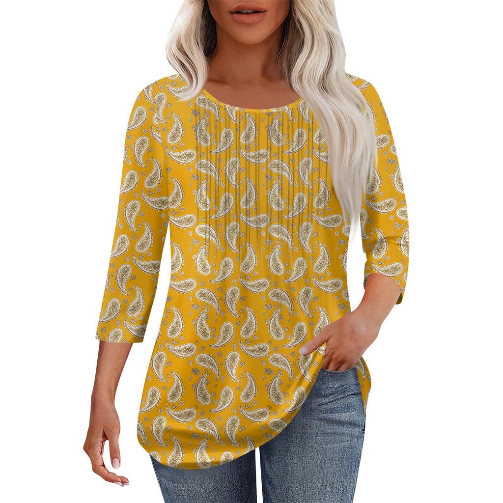 Women's Fashionable Casual Pleated Round Neck Casual Floral Print Seven Quarter Sleeved T-shirt Top