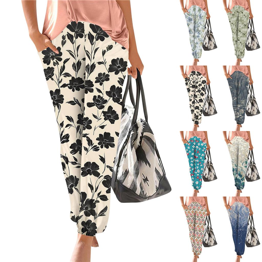 Damskie letnie spodnie z elastycznym pasem i luźnymi spodniami z szerokimi nogawkami