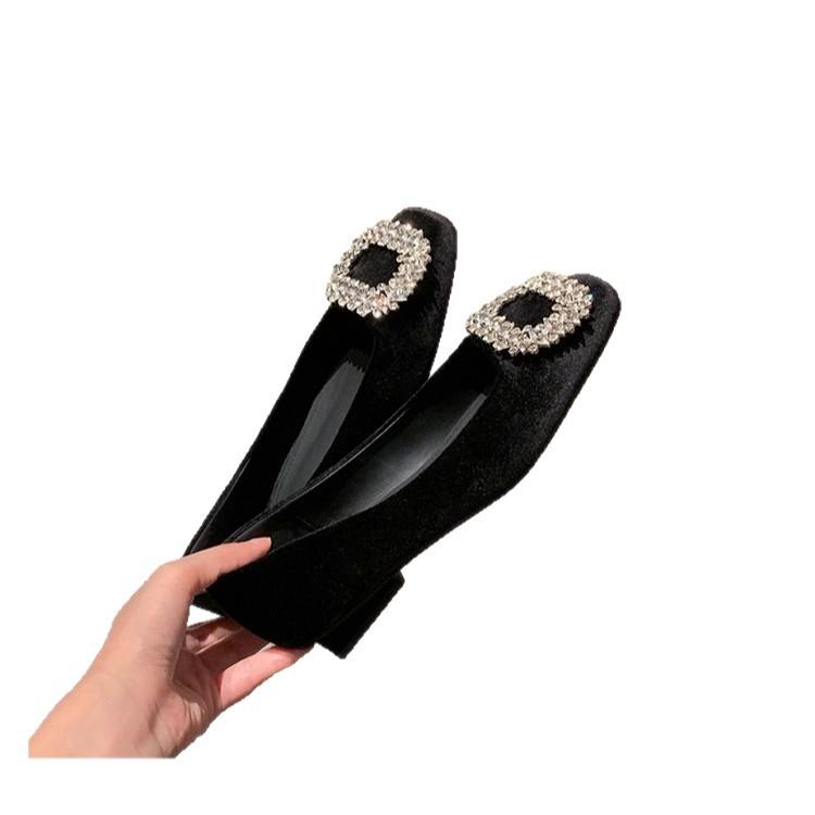 Sheepskin Version~ Grape Mother, the Same Evening Wind Diamond Buckle Round Head Versatile High Heels Suede Thick Heel Light Mouth Single Shoes Women