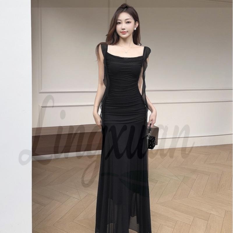 Elegant French Fairy Mesh Camisole Maxi Dress - Travel, Resort, Pleated, Cinched Waist, Hip-Hugging Mermaid Style for Women. Small чёрный
