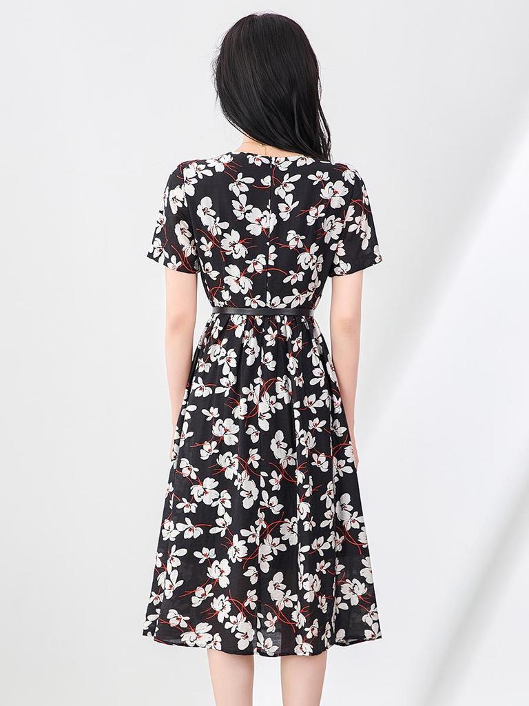 Nanyou Tencel Linen Tie Waist Mid-Length Summer Dress - Elegant Women's Short Sleeve for Vacation