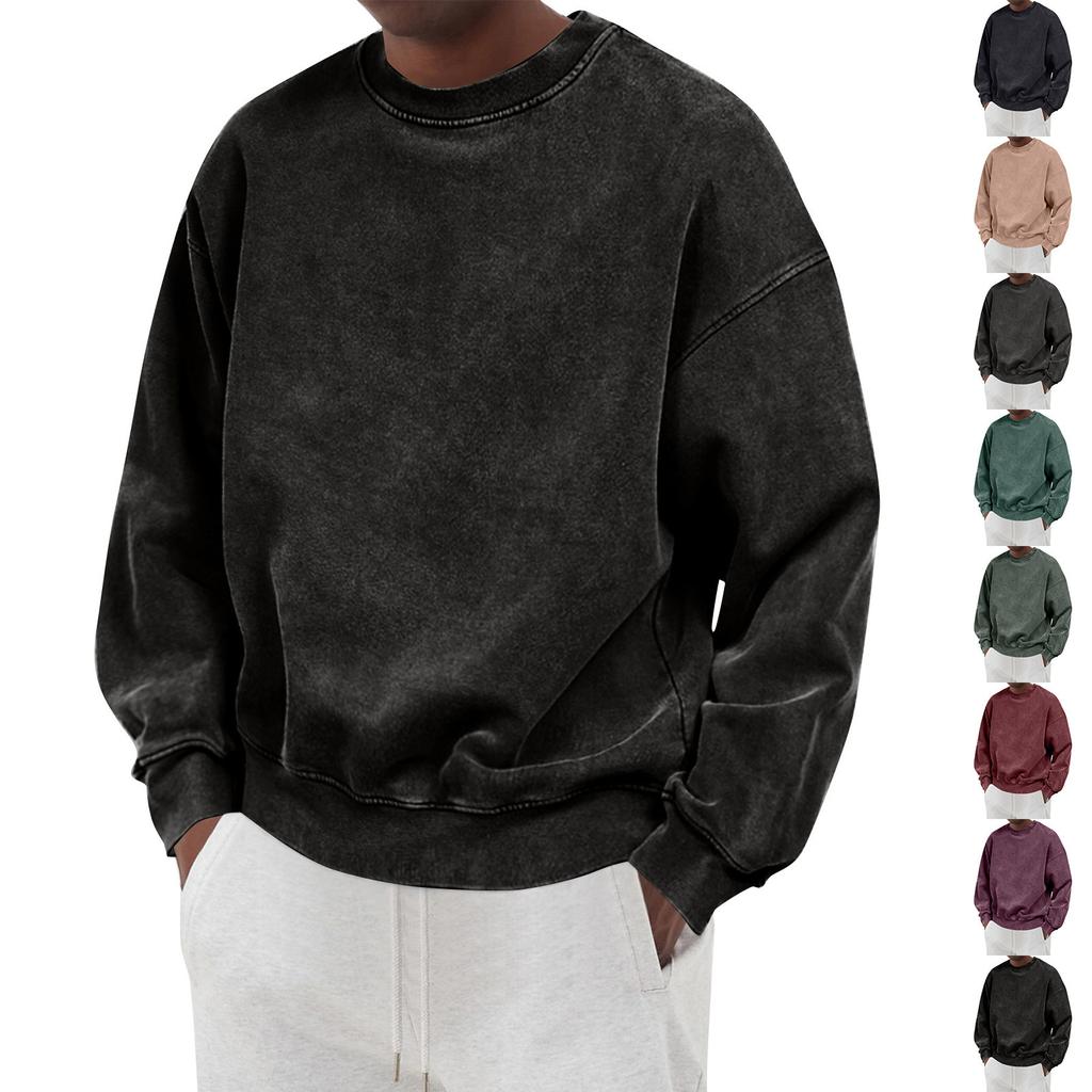 Men's Solid Color Washed Long Sleeve Round Neck Sweatshirt Men's Casual Fashion Sweatshirt