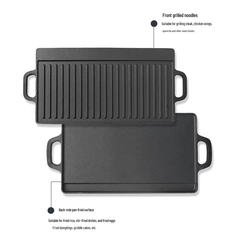 Double Ear Cast Iron Griddle: Rectangular, Double-Sided BBQ & Frying Pan for Outdoor Cooking