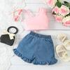 Sweet Girl's Summer Children's Mesh Bow Single-shoulder Strappy Lace Denim Shorts Two-piece Set