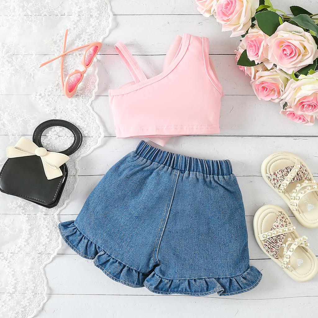 Sweet Girl's Summer Children's Mesh Bow Single-shoulder Strappy Lace Denim Shorts Two-piece Set