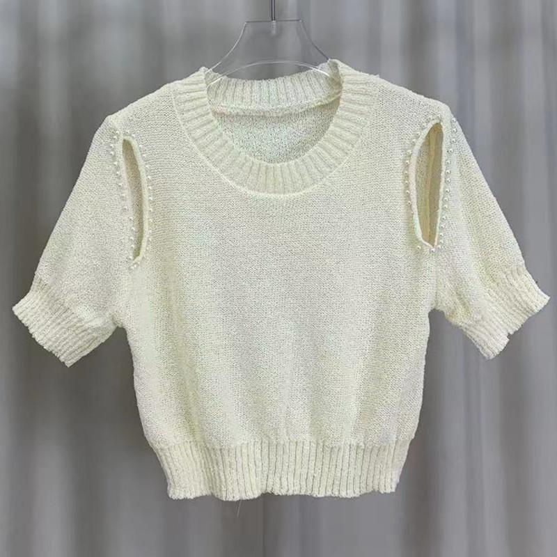 Summer Design Sense Round Neck Doo Beading Thin Short-sleeved Knit Shirt Top Female Casual Summer Essential Comfort and Style Slim Fit Pullovers Tees