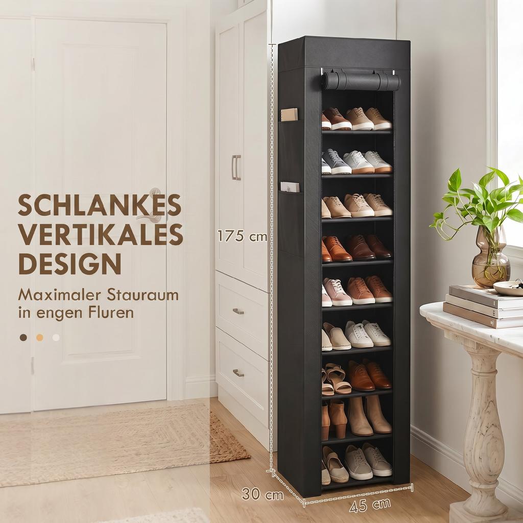 Metal Shoe Rack with Dustproof Fabric Cover, for up to 20 Pairs of Shoes, 45 x 30 x 175 cm, Black