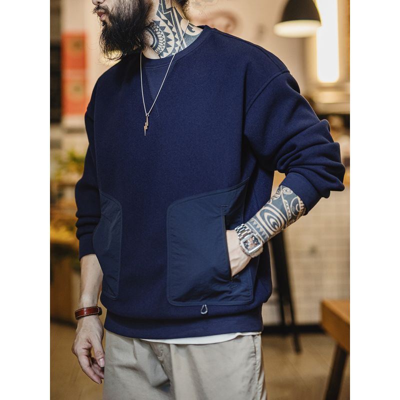 Madden Parka American Retro Heavy Weight Woolen Sweatshirt Loose and Warm Patchwork Pocket round Neck Tops Men's Autumn and Winter