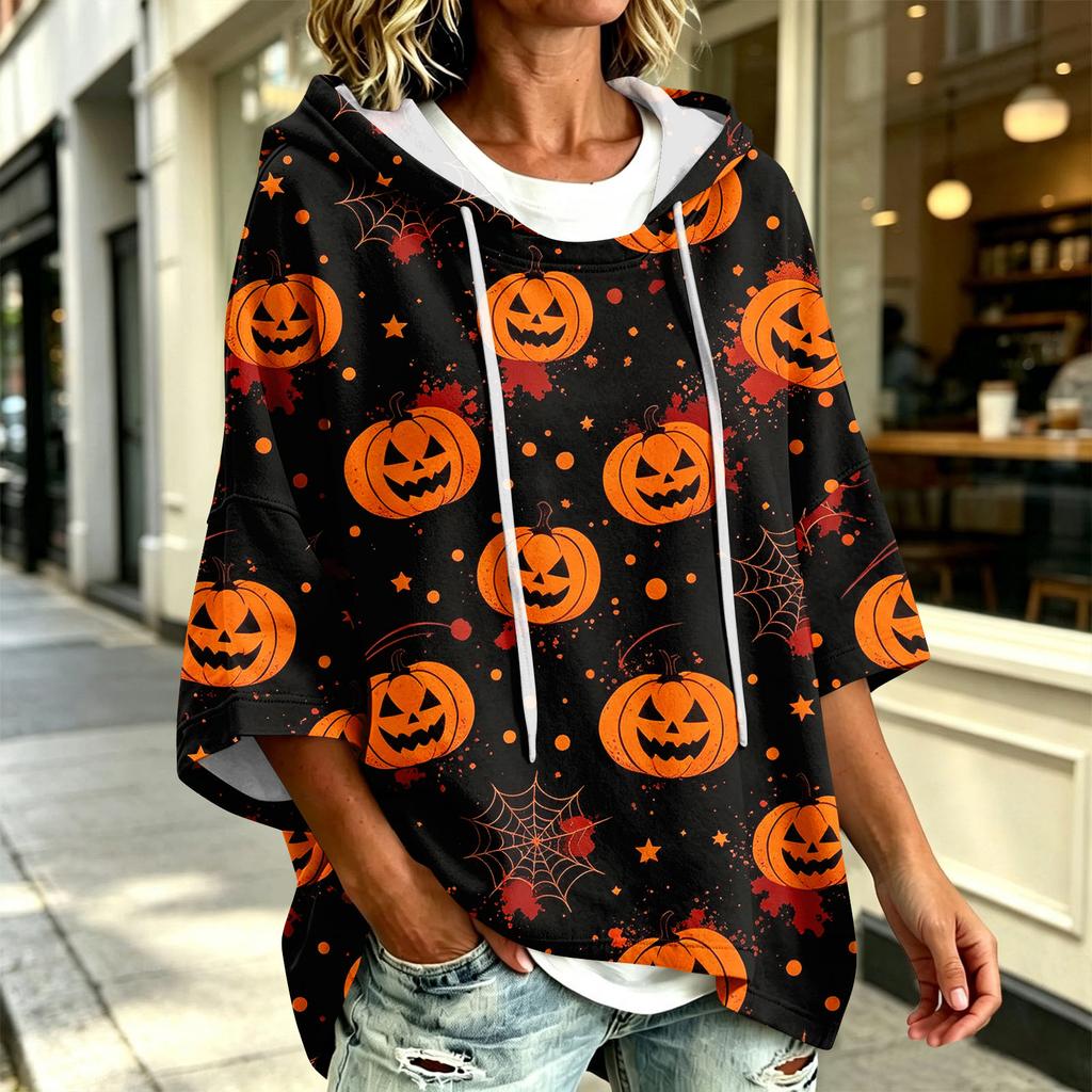 Women's Hoodie with Halloween Print, Loose Fit Casual Pullover Top