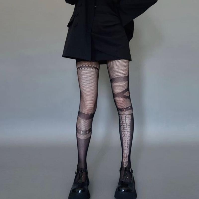 Japanese Style Women Sexy Fishnet Mesh Tights Stockings Harajuku Gothic Punk JK Asymmetric Patterned Cosplay Pantyhose