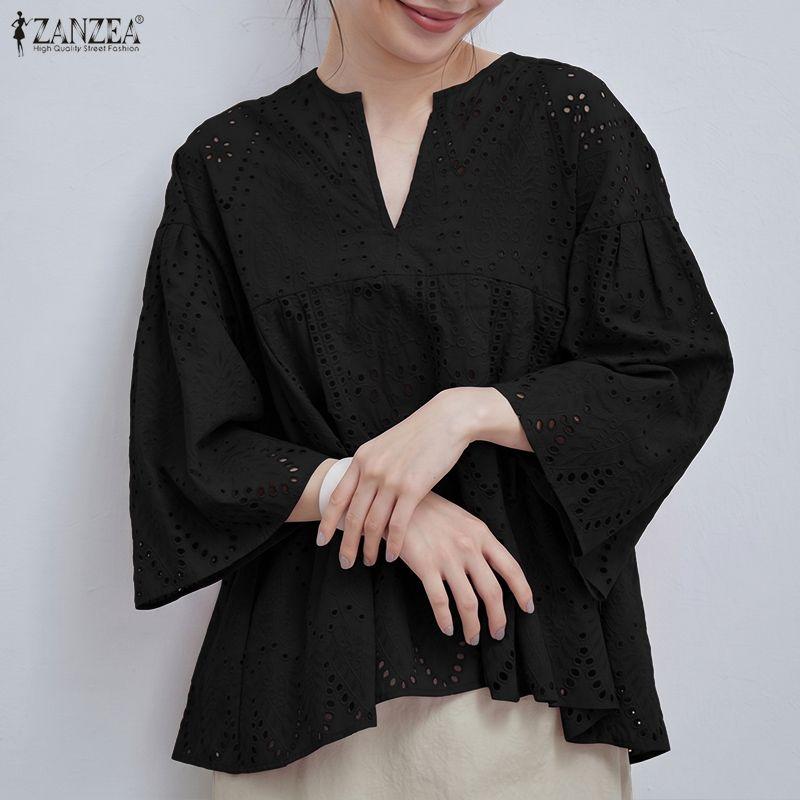 ZANZEA Blusa da Donna Casual con Scollo a V, Maniche a 3/4, Larga, Patchwork di Pizzo all'Uncinetto