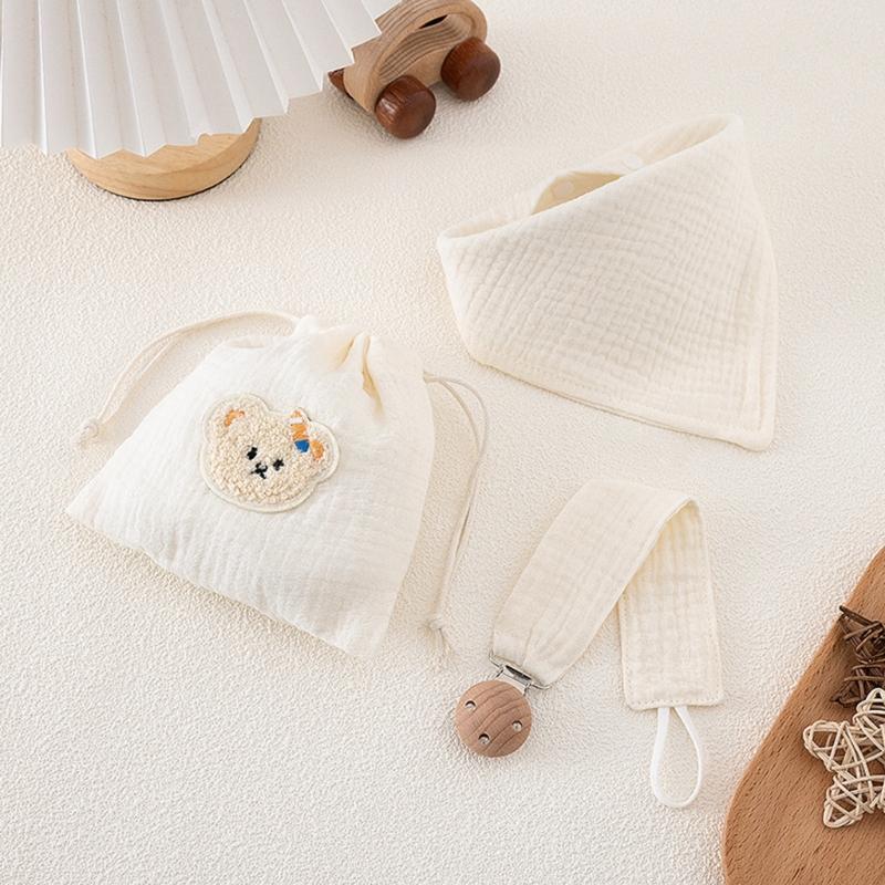 3pcs Organic Cotton Infant Bandana Bib And Pacifier Holder Combo Includes Washable Storage Pouch Baby Shower Gift Set