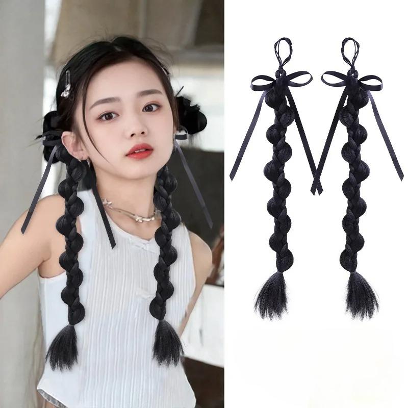 2 Pcs Korean Style Hair Ties for Kids Girls Ponytails Wig Braids with Edgy Bows Children Twist Braids Elastic Hair Accessories