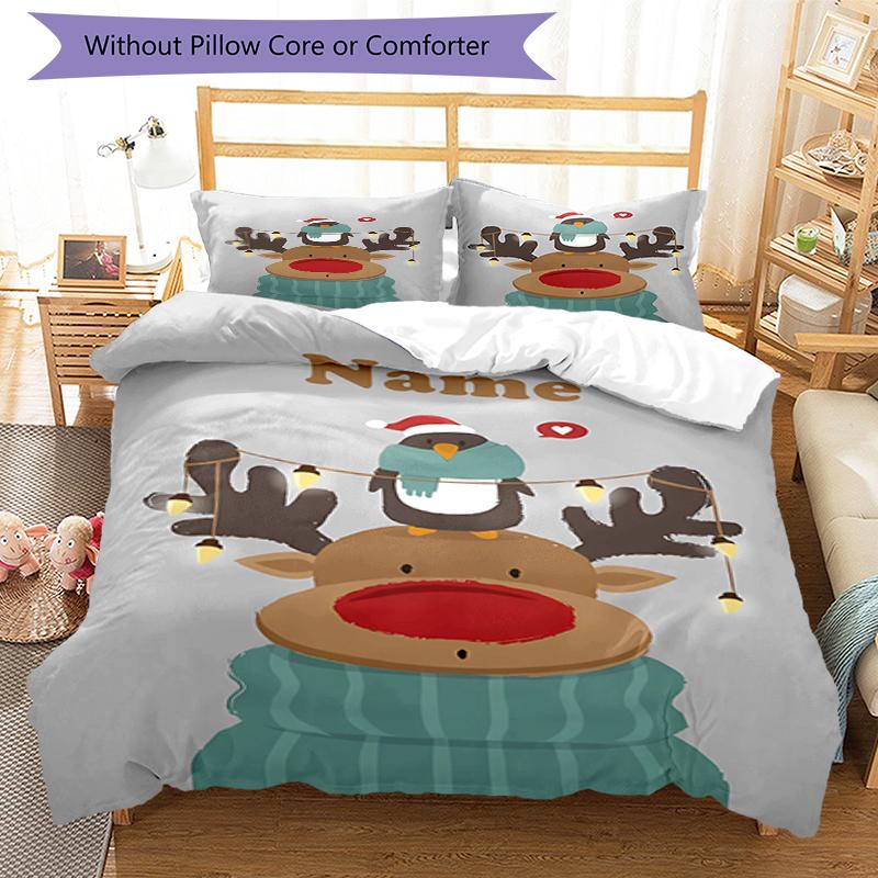 3pcs Custom Name Christmas Reindeer Bedding Set Duvet Cover Closure Includes 1 Duvet Cover & 2 Pillowcases, Soft and Comfortable for All Seasons.