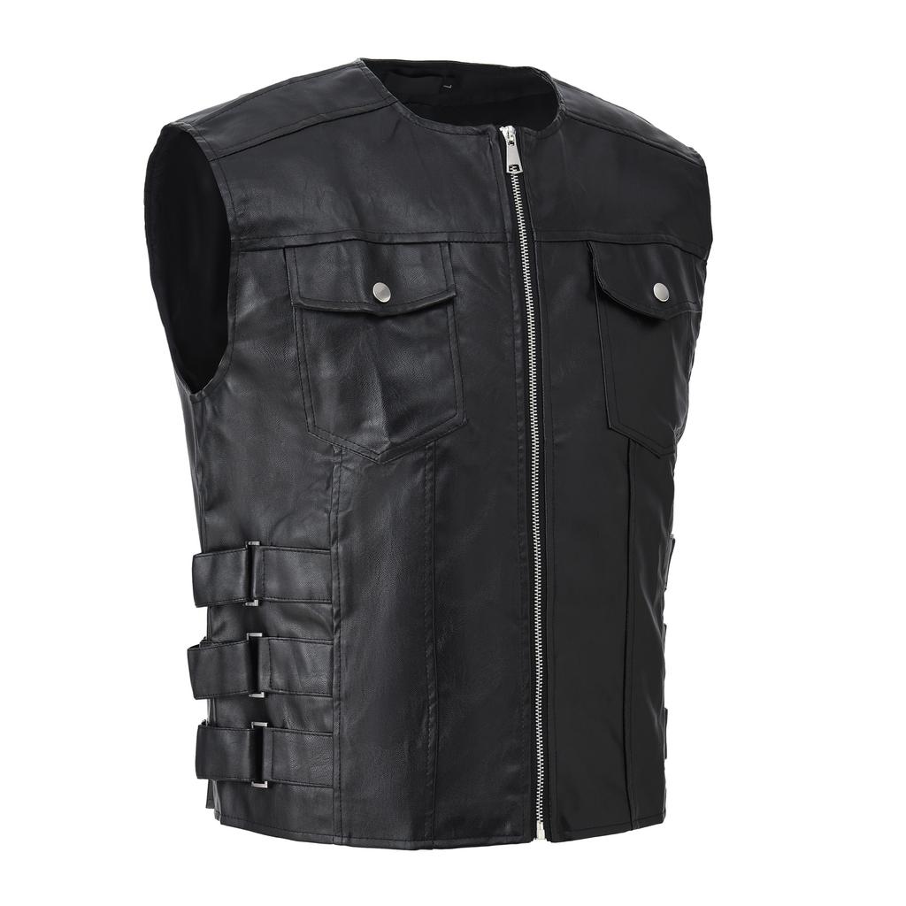 Men's Casual Imitation Leather Vest Spring and Autumn Cross-border Korean Version of Fashion Trend Single-breasted Jacket Vest Men's