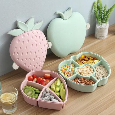 Strawberry Shape Dried Fruit Plate Home Living Room Fruit Plate Compartment with Lid Candy Box Melon Seeds Dried Fruit Storage Box