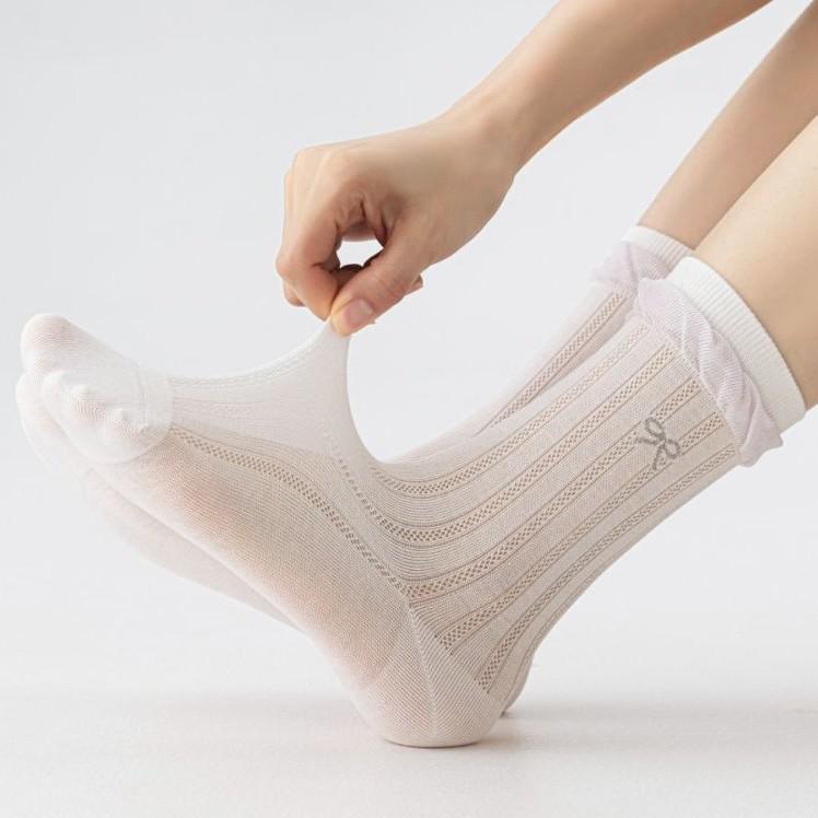 Spring & Summer Breathable Mesh Mid-Calf Socks with Bow Lace Bubble Cuff