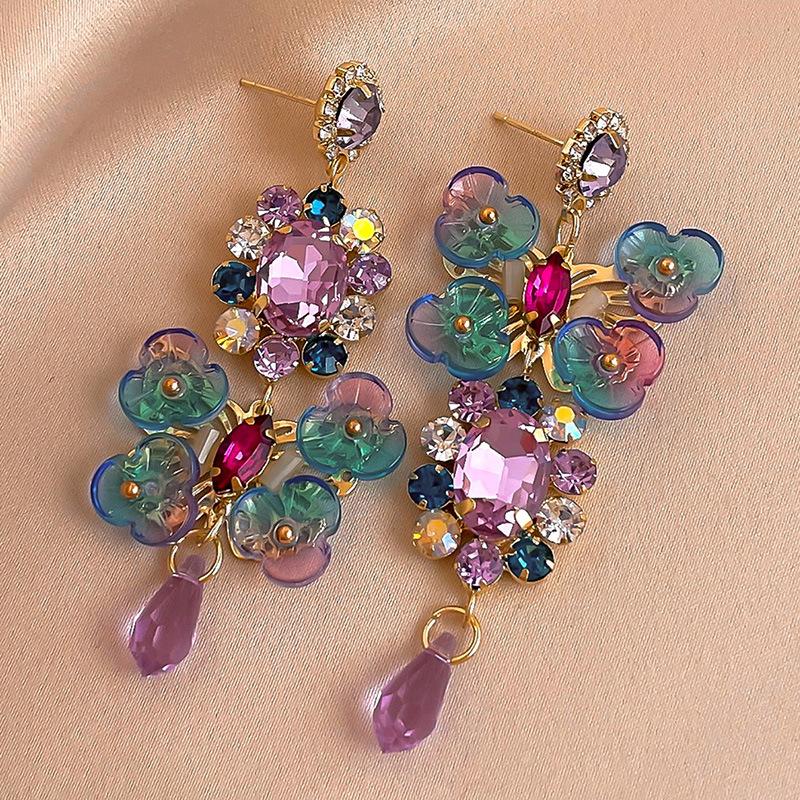 Silver Needle Retro Crystal Butterfly Flower Earrings European Asymmetrical Elegant High‑End Jewelry