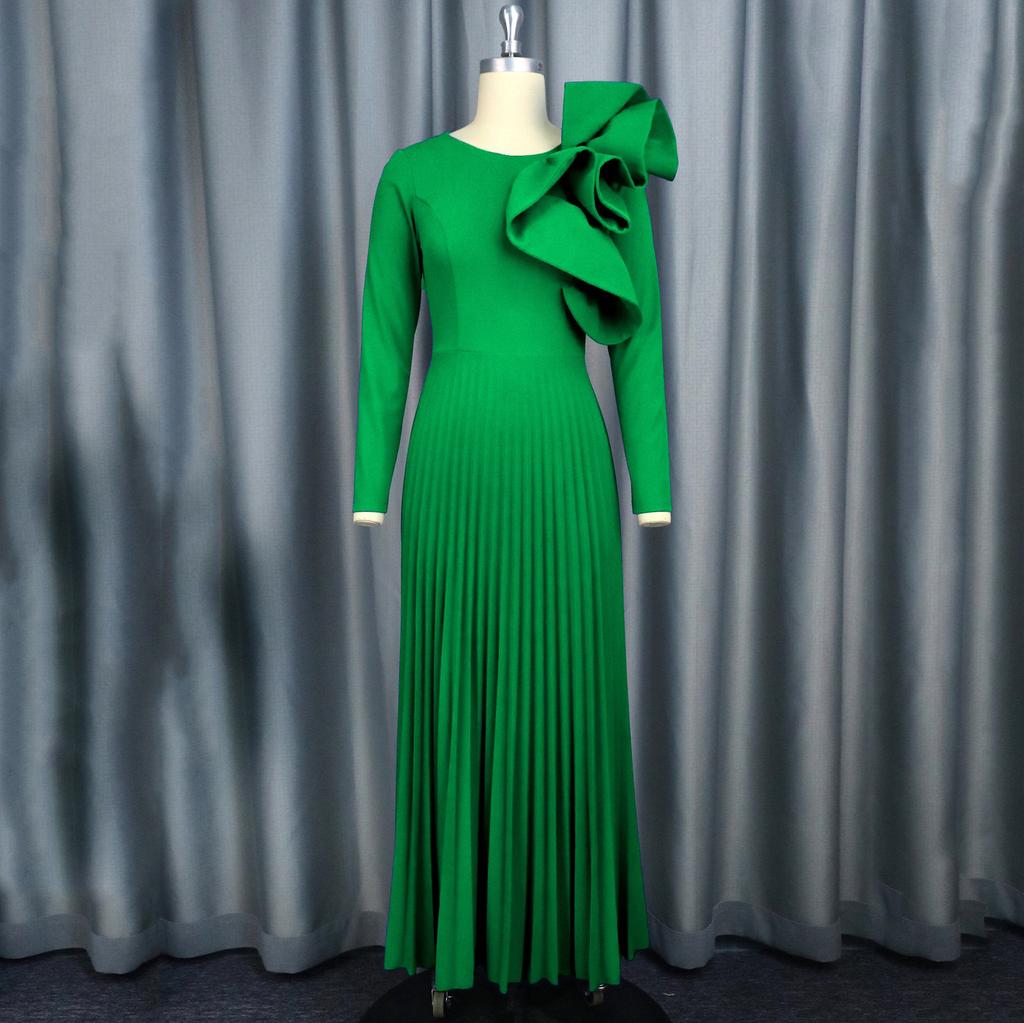 Elegant Women Long Dresses Autumn New Plus Size O Neck Ruffles Long Sleeve Pleated Party Dress