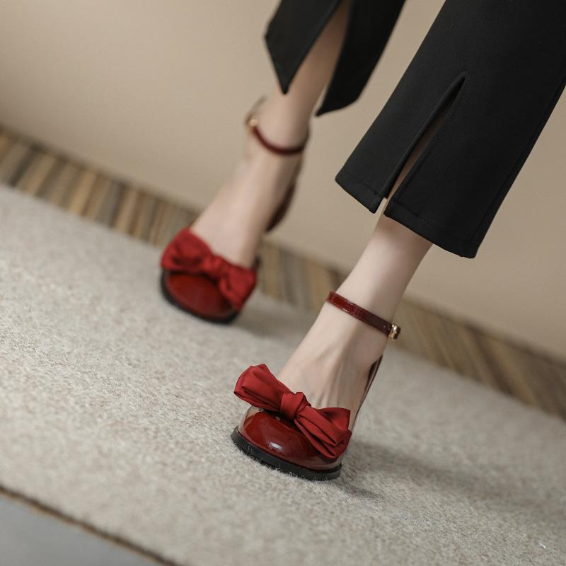 Mary Jane anklet buckle with hollow single shoes women's bow round head thick heel bag head sandals versatile casual shoes