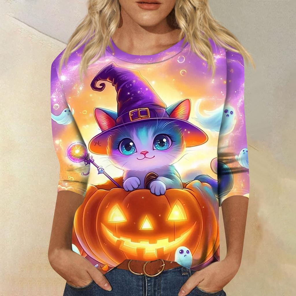 Dámské módní ležérní top s tříčtvrtečním rukávem a halloweenským potiskem, kulatý výstřih